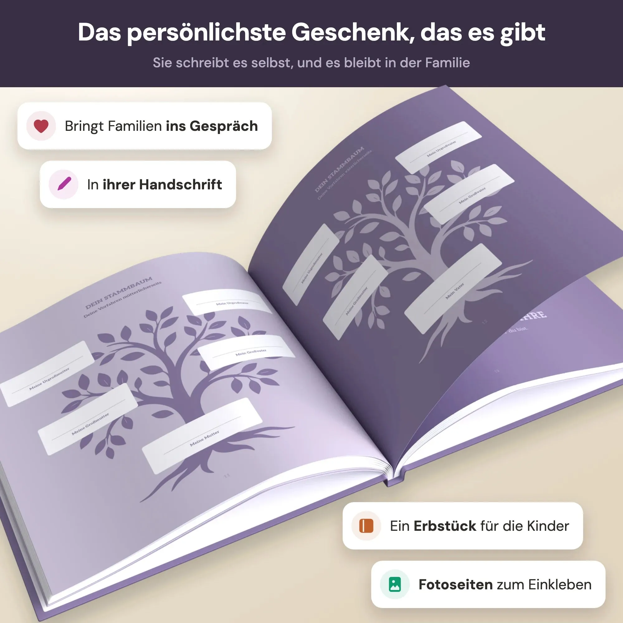Das Erinnerungsbuch aufgeschlagen, mit Lebensbaum auf der Doppelseite