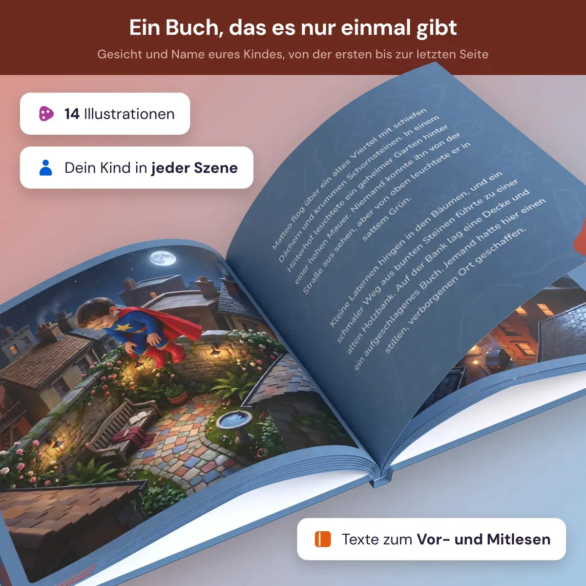Das aufgeschlagene Buch: links Matteo über den Dächern der Stadt, rechts der Text zum Vorlesen
