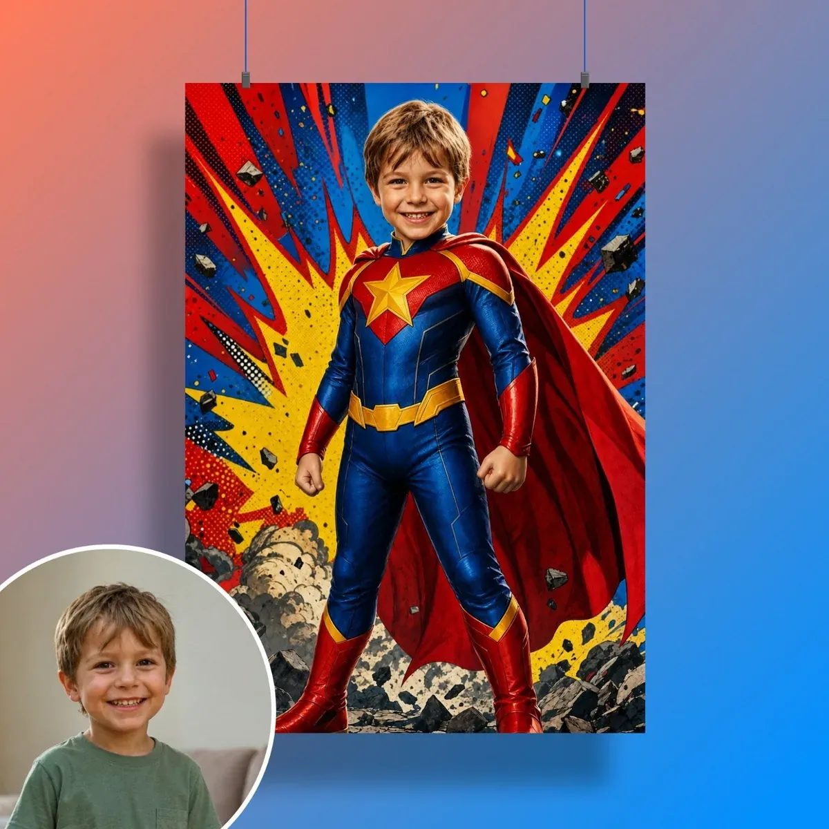 Aus dem Foto eines Jungen wird das Poster Comic-Superheld, auf dem er selbst der Held ist