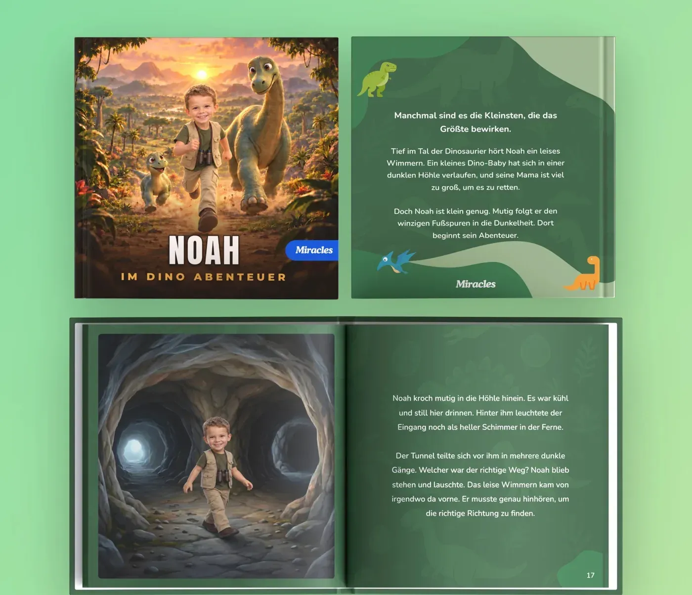 Noah im Dino-Abenteuer: Cover und Innenseiten mit Noah in der Höhle