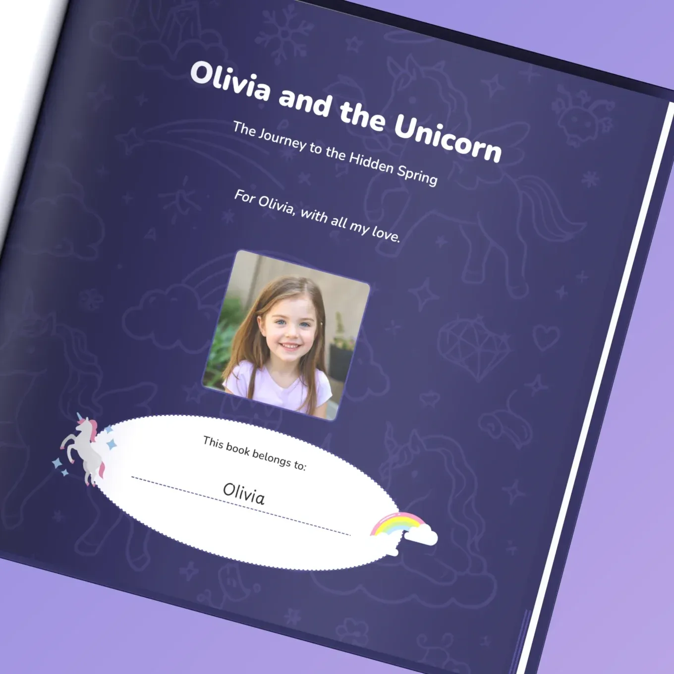 The first page of the book: “For Olivia, with all my love” above her photo and “This book belongs to Olivia”
