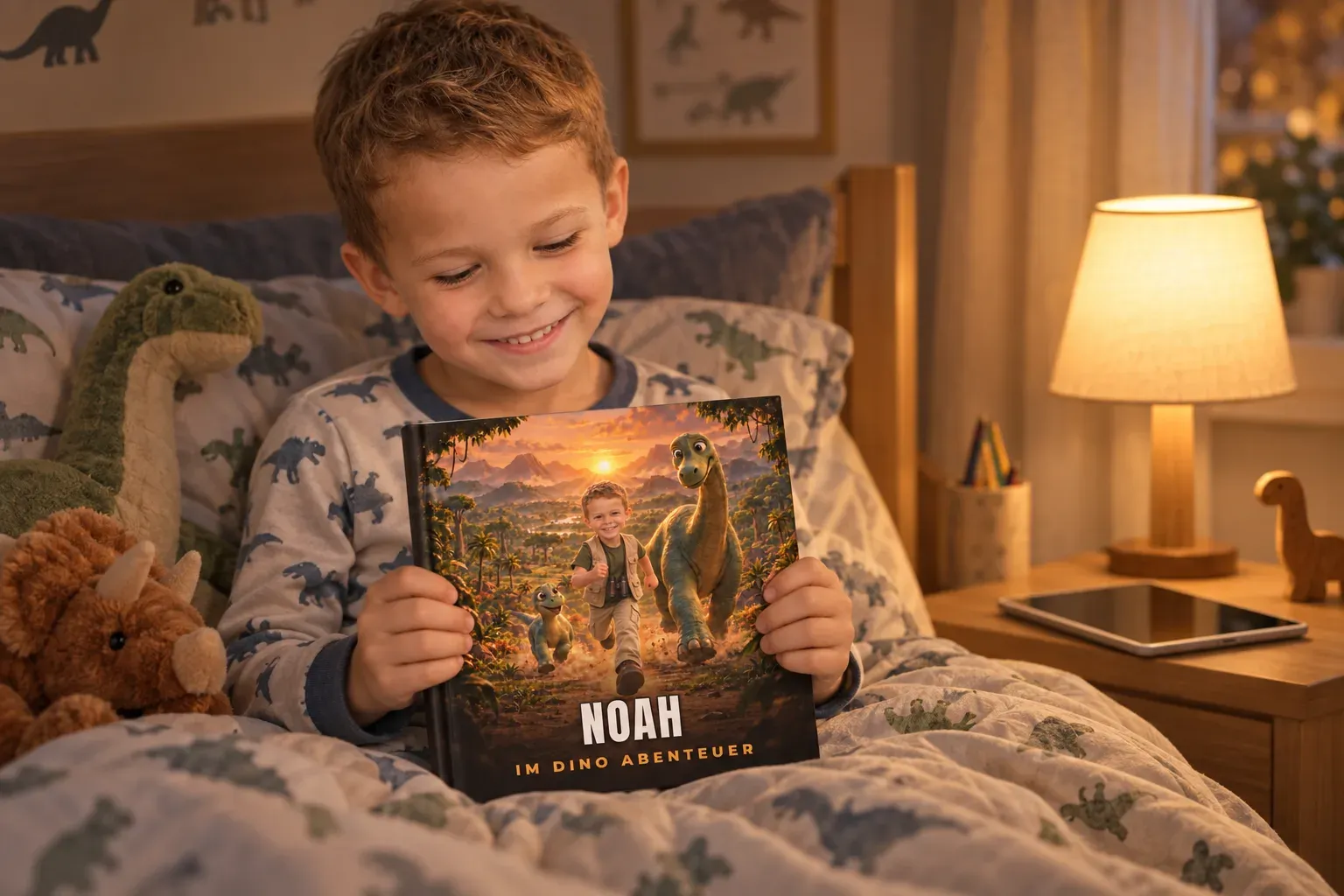 Der Junge sitzt abends im Bett und hält sein Dino-Abenteuer-Buch, das Tablet liegt unbeachtet auf dem Nachttisch