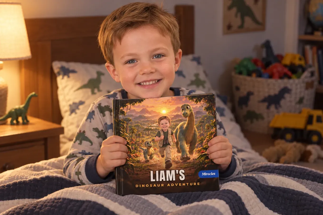 A boy in bed at night proudly holds his book “Liam’s Dinosaur Adventure”, his toys sit forgotten in a basket