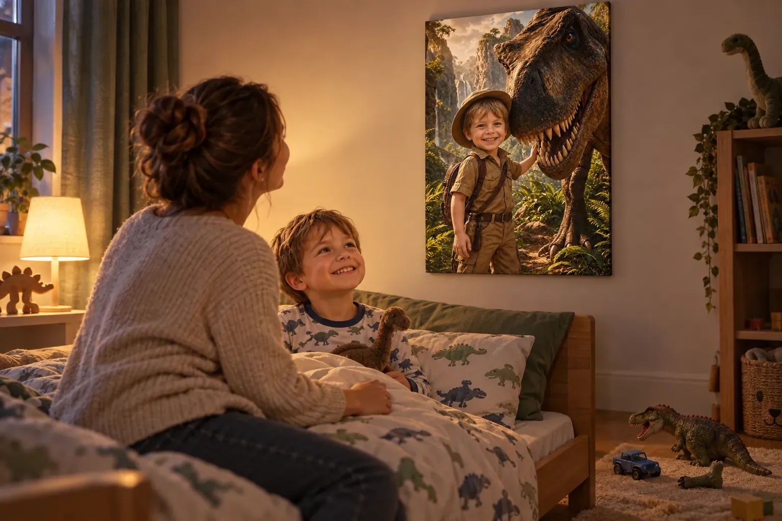 Abends im Kinderzimmer: Mutter und Sohn schauen auf die Leinwand Der kleine Dino-Entdecker über dem Bett, auf dem Boden liegt ein kaputter Spielzeug-Dino