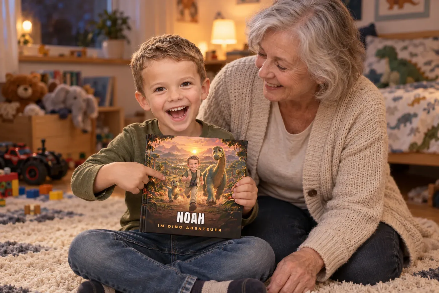 Oma und Enkel im Kinderzimmer, der Junge zeigt begeistert auf sich selbst auf dem Cover seines Dino-Abenteuers
