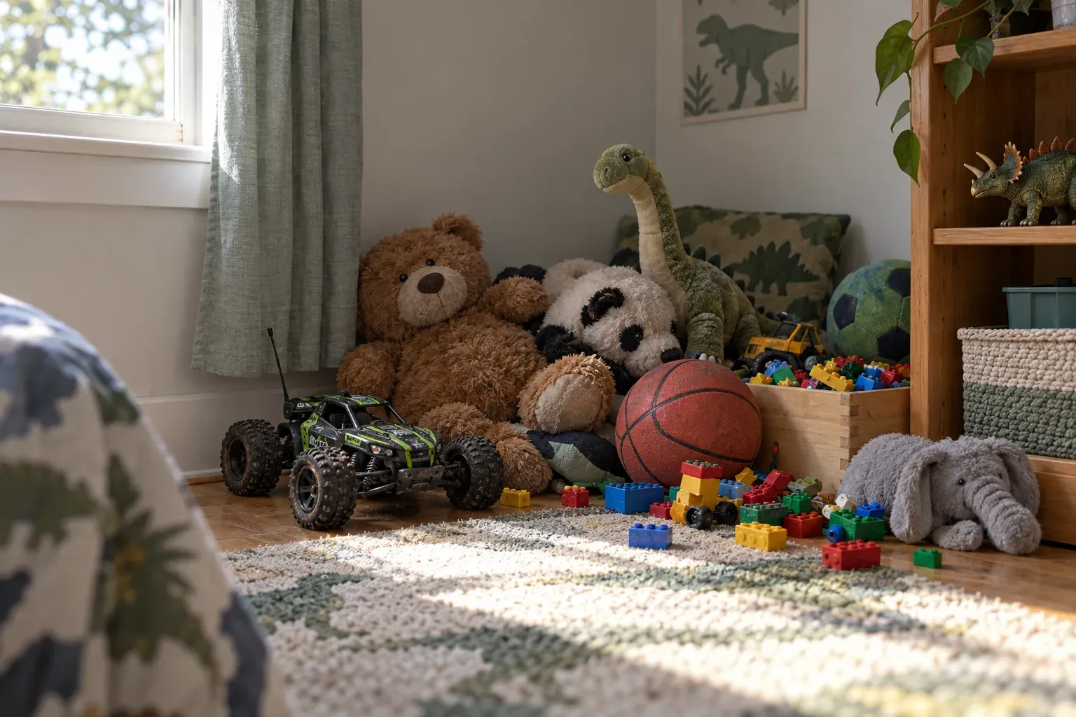 Ein Berg aus vergessenem Spielzeug in der Ecke des Kinderzimmers
