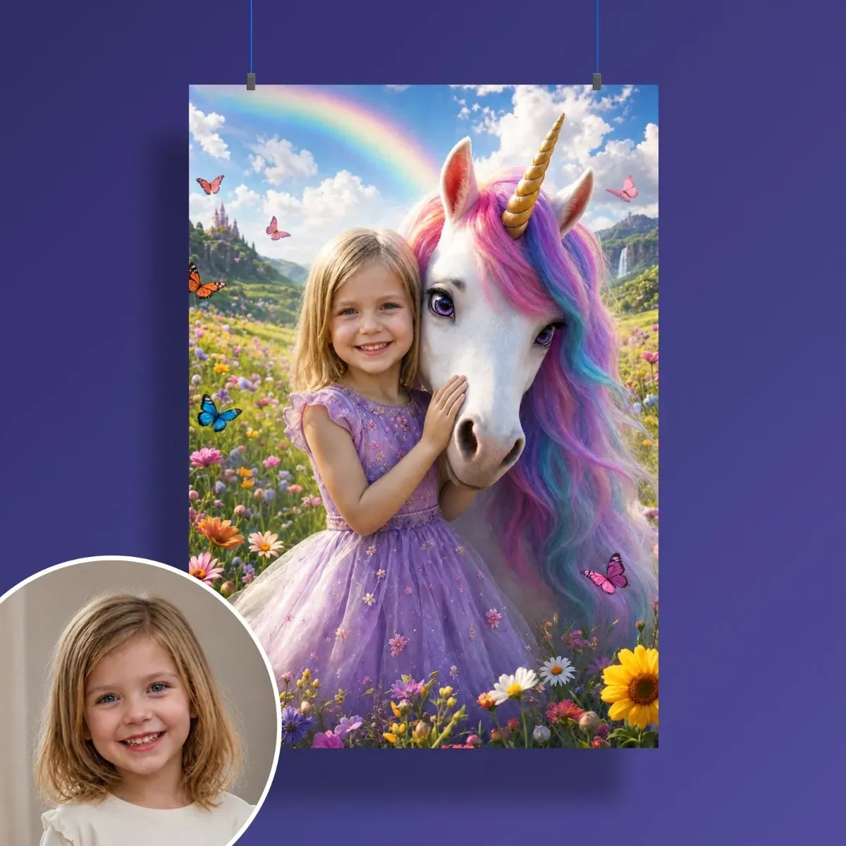 Aus dem Foto eines Mädchens wird das Poster Einhorn am Regenbogen, auf dem es selbst das Einhorn umarmt