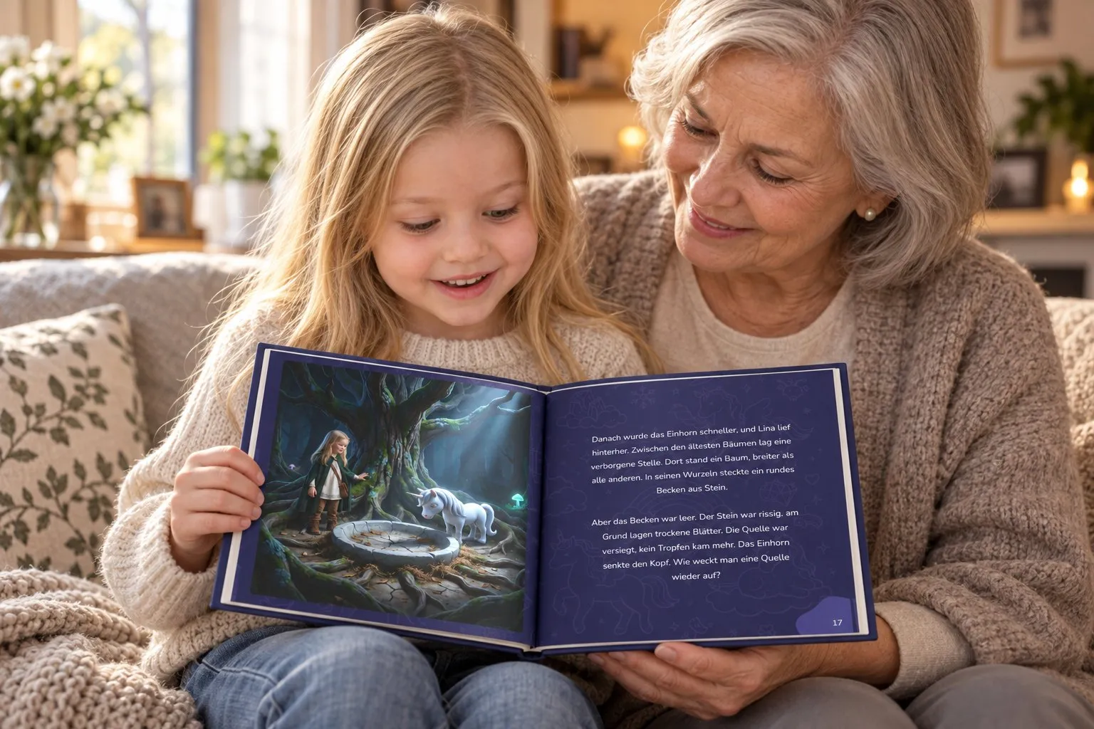 Lina schaut mit ihrer Oma in ihr aufgeschlagenes Buch „Lina und das Einhorn“