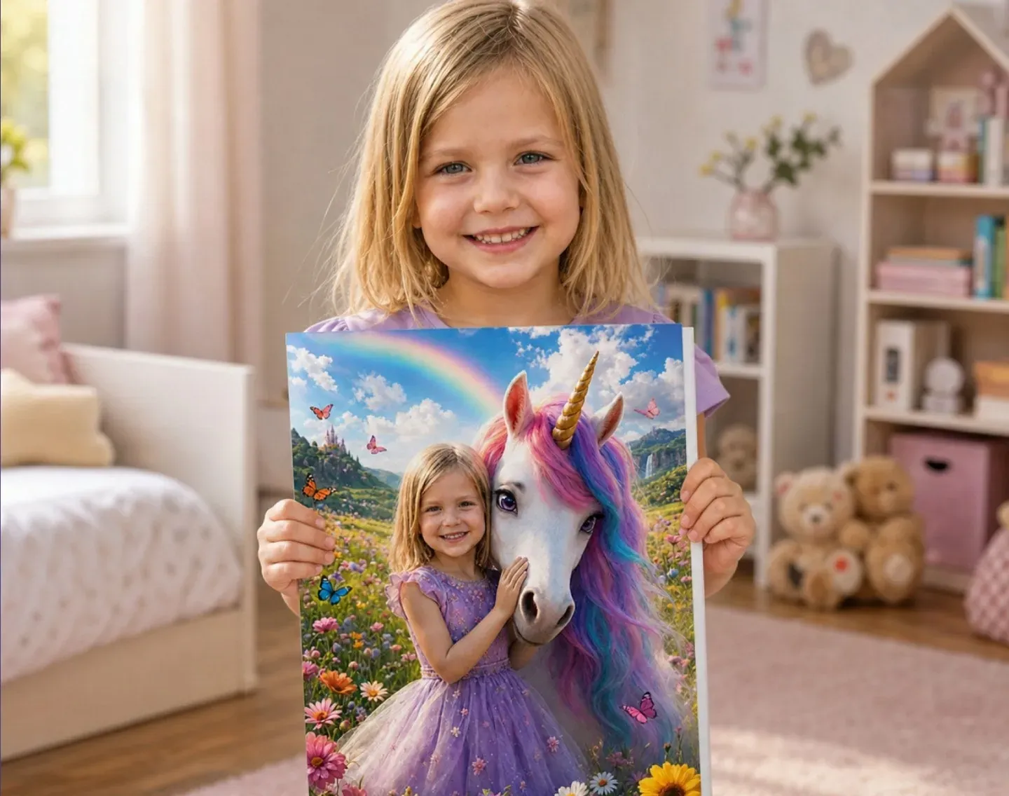 Ein Mädchen hält stolz ihr Poster Einhorn am Regenbogen, auf dem sie selbst das Einhorn umarmt