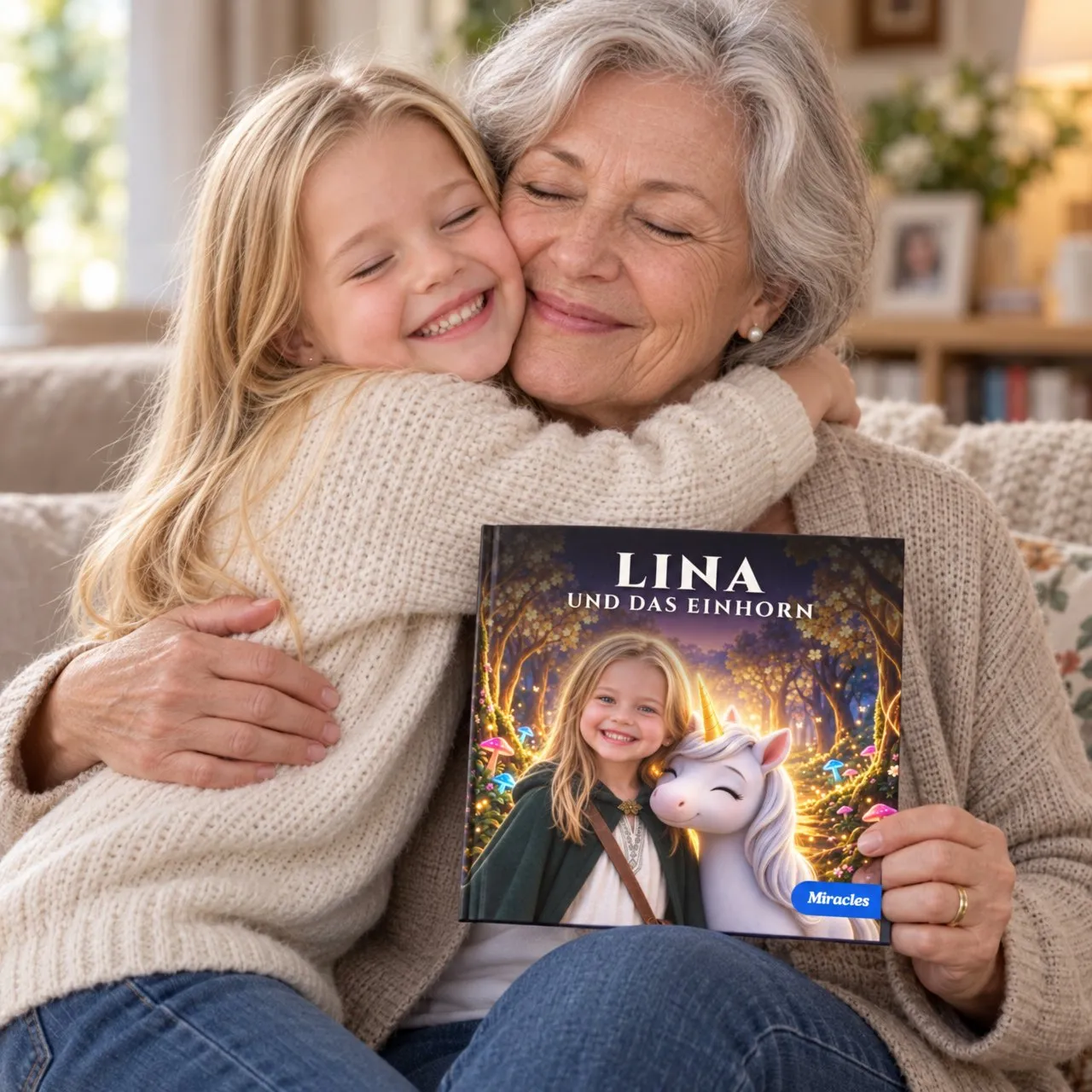 Lina drückt ihre Oma, die das Buch „Lina und das Einhorn“ in der Hand hält