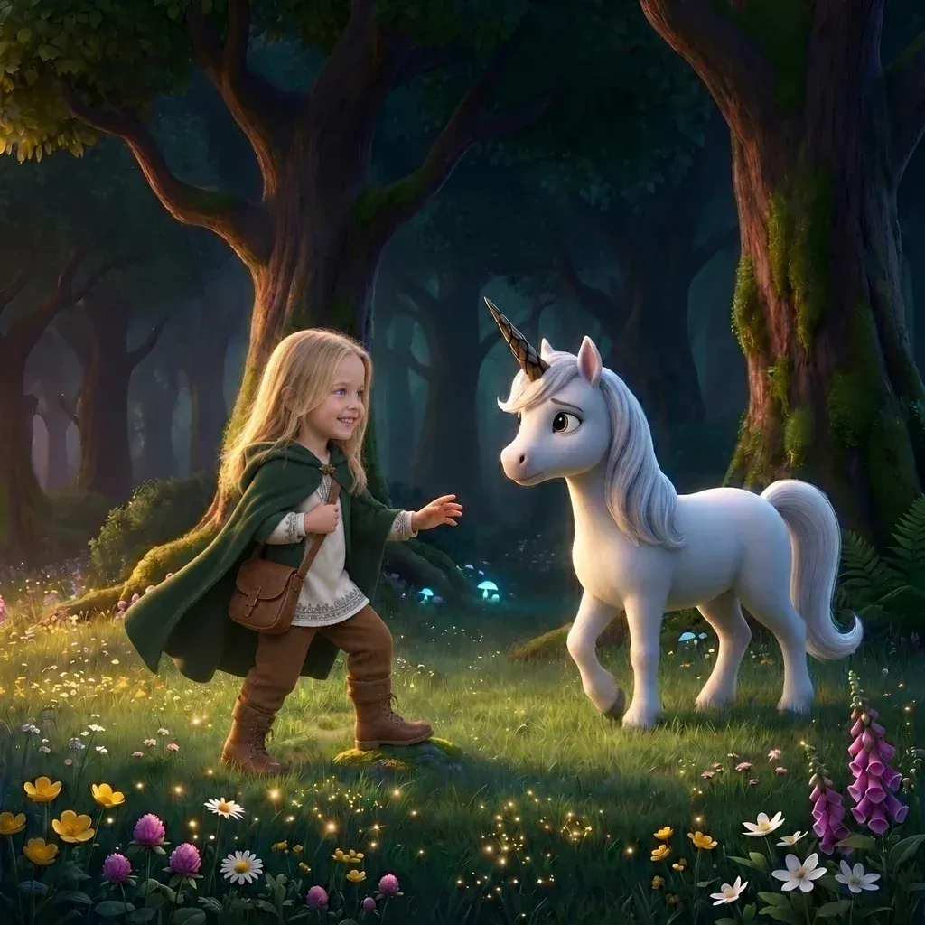 Buchseite aus „Das Einhorn“: Lina mit dem Einhorn im Zauberwald