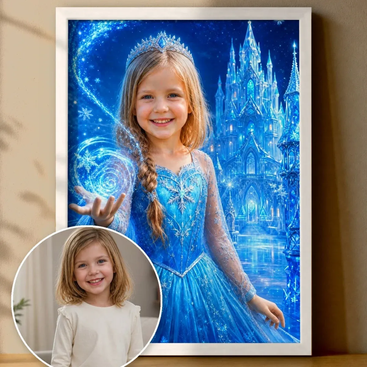 Aus dem Foto eines Mädchens wird das Poster Eisprinzessin am Eisschloss, auf dem sie selbst die Eisprinzessin ist