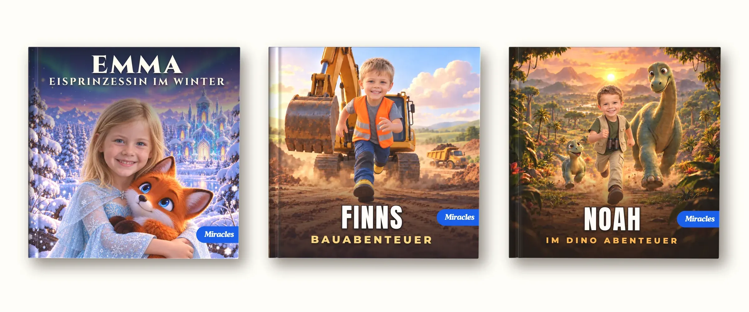 Drei Bücher, drei Abenteuer: Emma als Eisprinzessin im Winter, Finns Bauabenteuer und Noah im Dino-Abenteuer