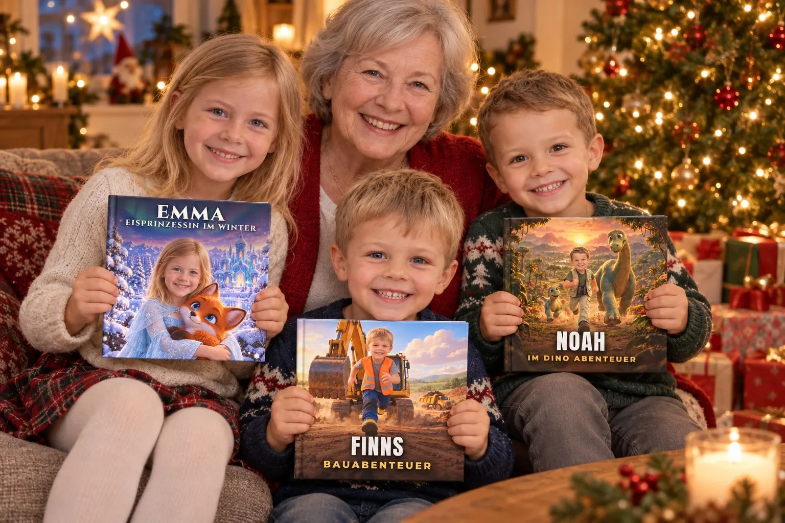 Oma mit Emma, Finn und Noah an Heiligabend, jedes Kind hält sein eigenes Miracles Buch