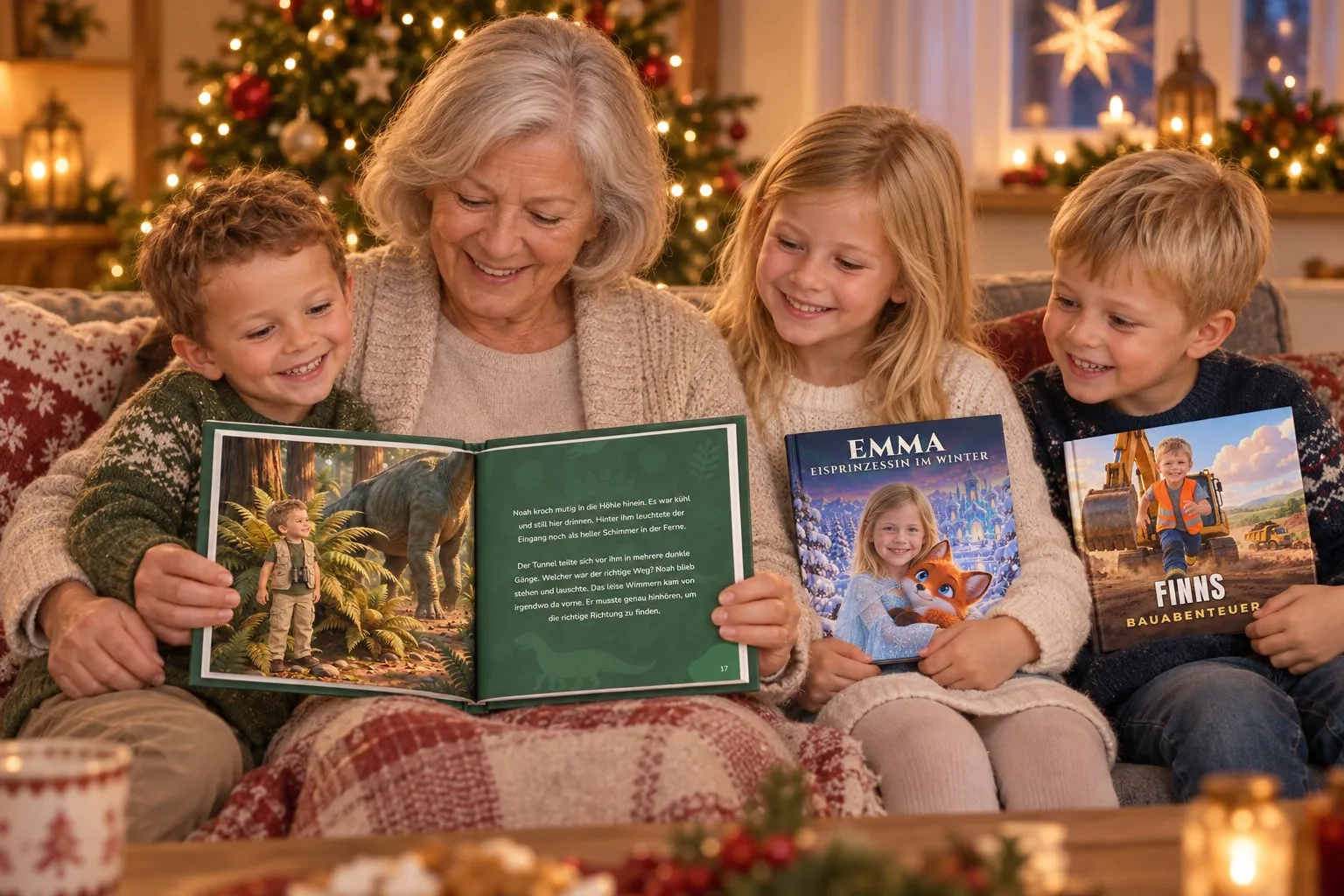 Oma liest Emma, Finn und Noah aus dem Dino-Abenteuer vor
