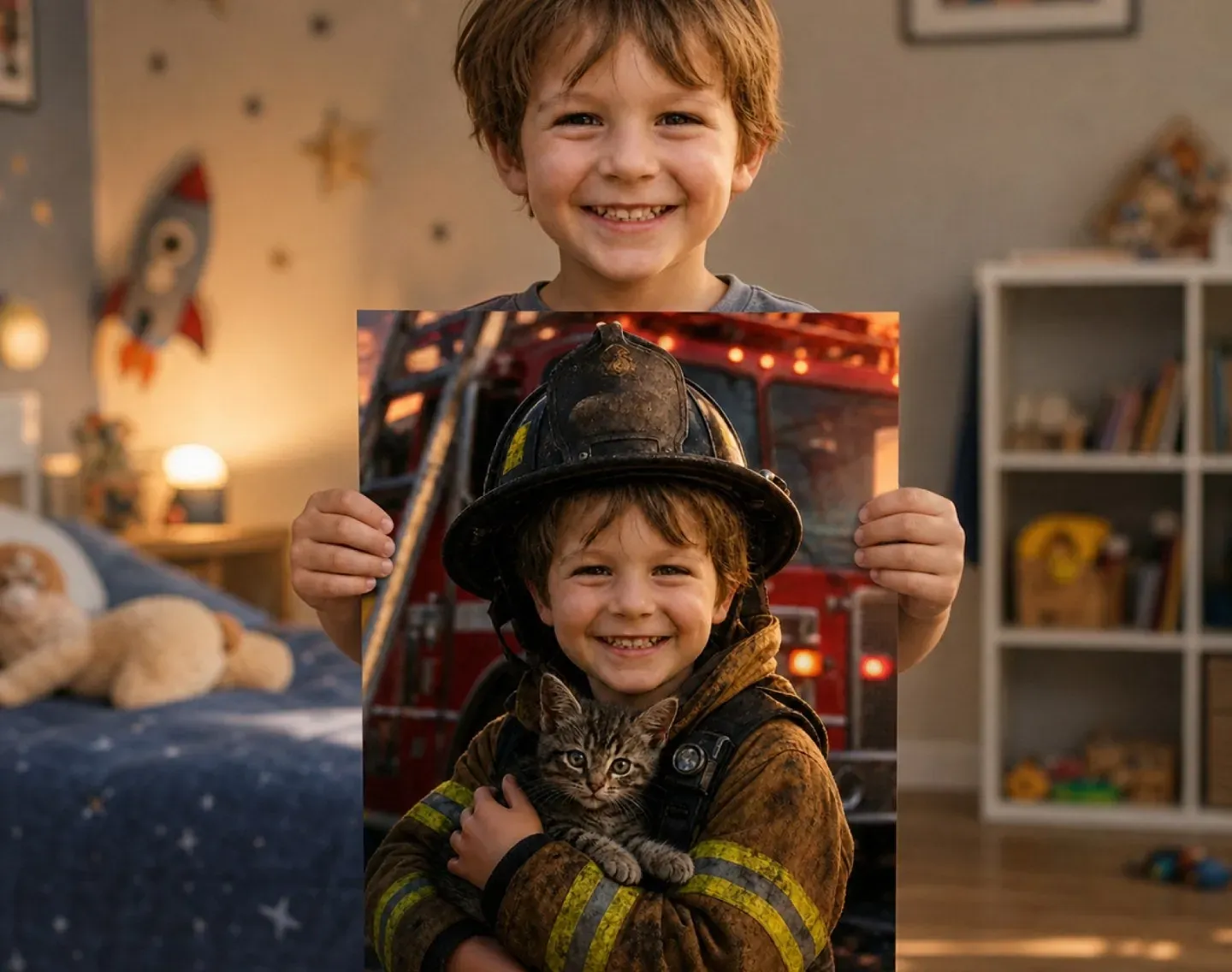 Ein Junge hält stolz sein Poster Feuerwehr zur Rettung, auf dem er selbst mit einem geretteten Kätzchen zu sehen ist