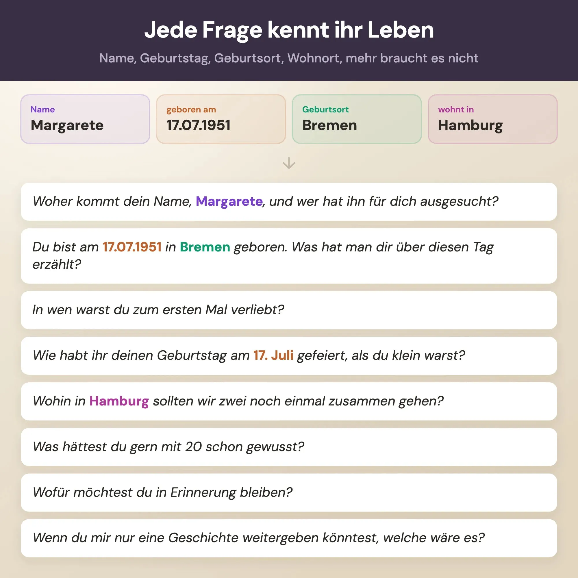 Personalisierte Fragen mit Name, Geburtstag, Geburtsort und Wohnort