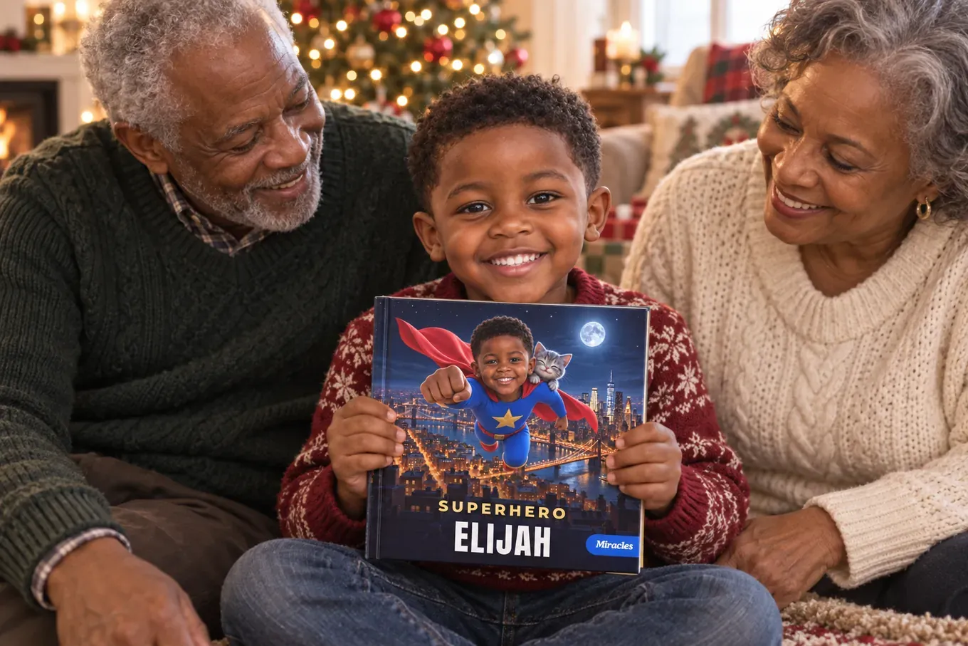 Christmas with the grandparents: a boy holds his book “Superhero Elijah” and beams