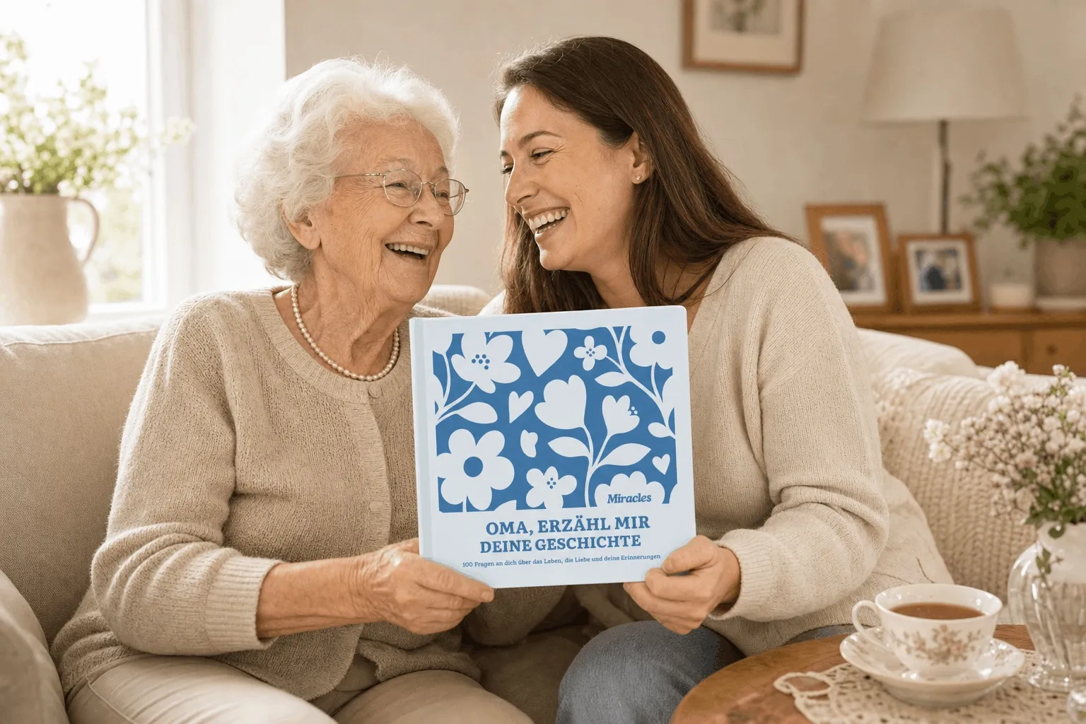 Mutter und Tochter lachen gemeinsam über das Erinnerungsbuch „Oma, erzähl mir deine Geschichte“