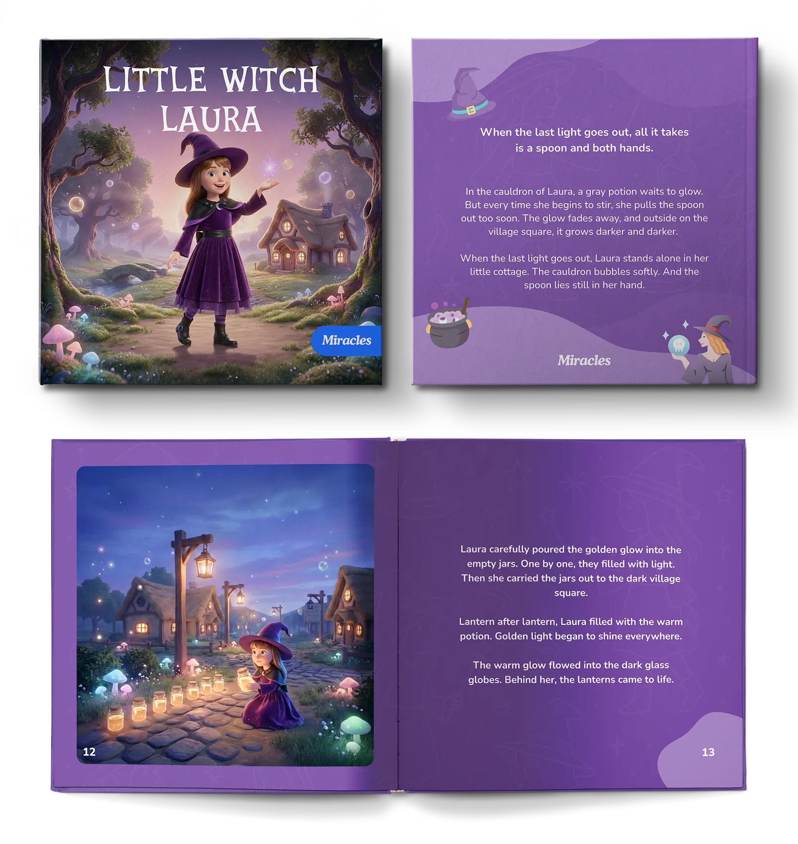 Personalized Miracles book “Little Witch Laura”: cover and two inside spreads