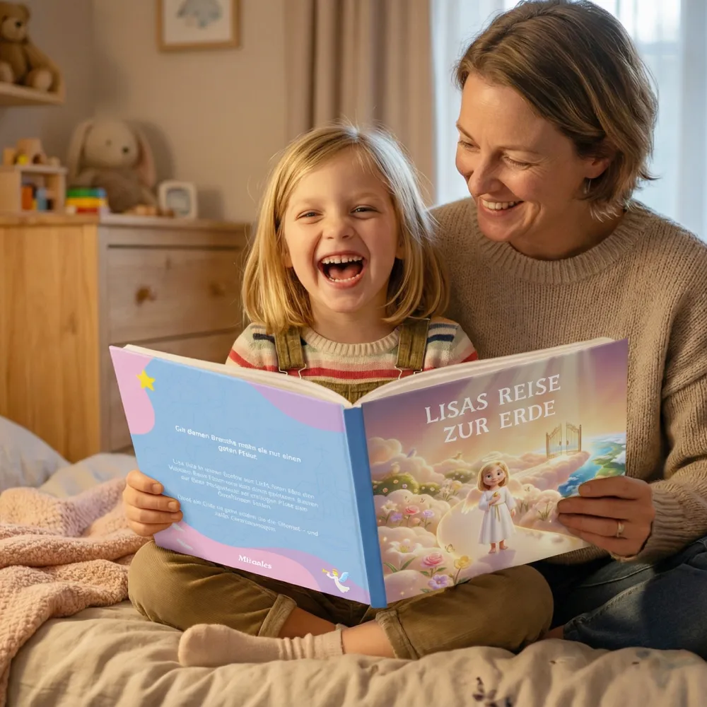 Mutter und Kind lachen beim Lesen eines personalisierten Miracles Buches