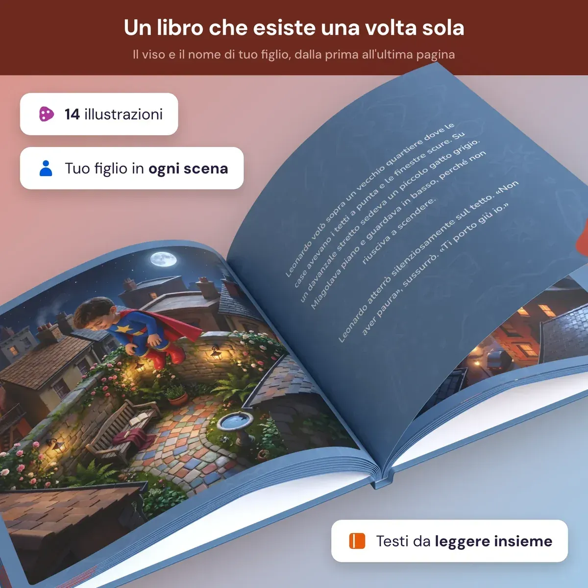 Un libro Miracles aperto: a sinistra il bambino vestito da supereroe che vola sopra i tetti della città, a destra il testo della storia
