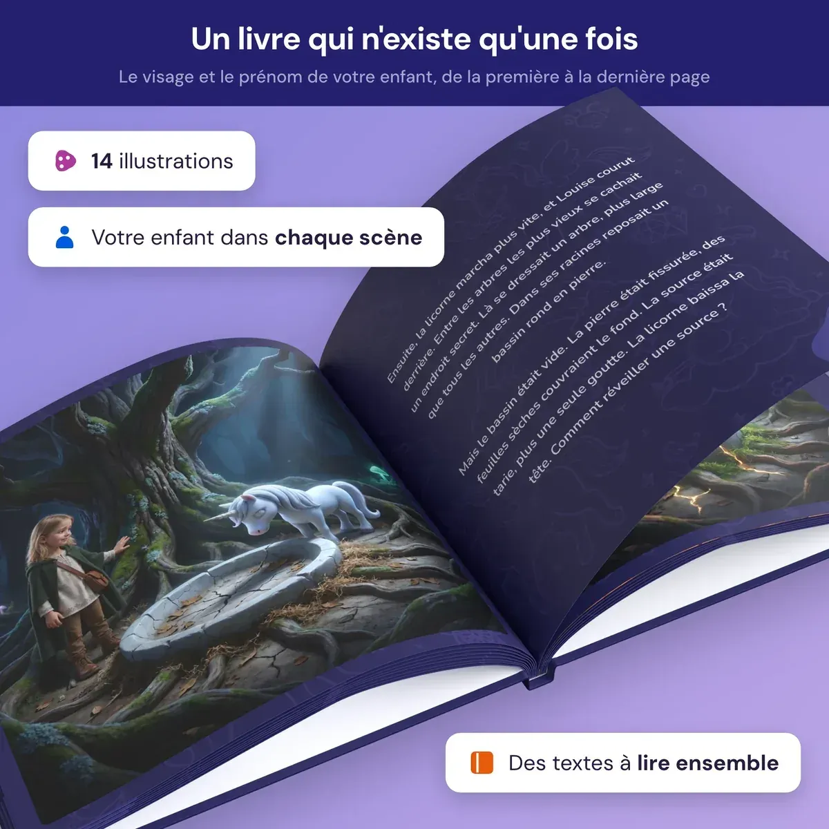 Le livre ouvert : une double page illustrée avec l’héroïne et la licorne, et les textes à lire ensemble