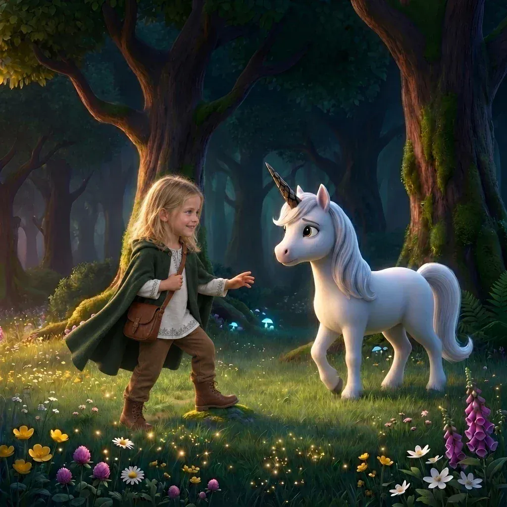Une illustration du livre : la petite héroïne en cape verte s’approche d’une licorne blanche dans une prairie en fleurs, à la lisière de la forêt