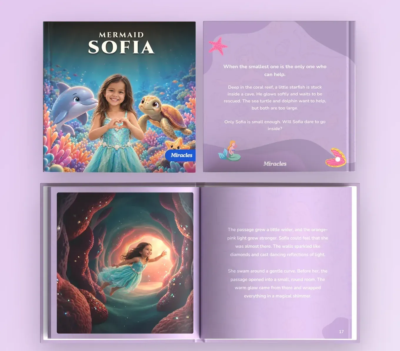 “Mermaid Sofia”: cover and pages, “When the smallest one is the only one who can help.”