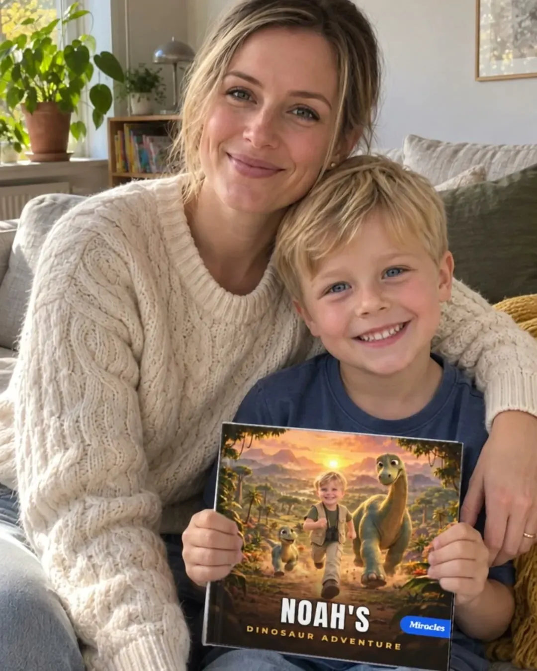 Mum and her son on the sofa, smiling, while he holds up his own dinosaur book