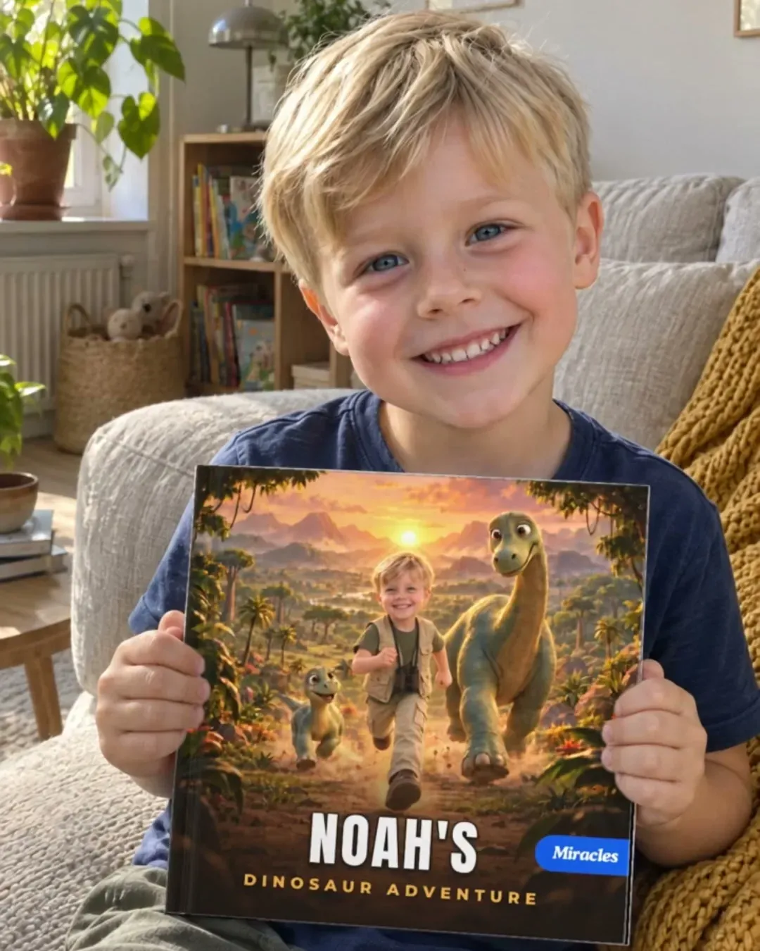 A smiling boy on the sofa holds up his book “Noah's Dinosaur Adventure”, with himself on the cover running beside two dinosaurs