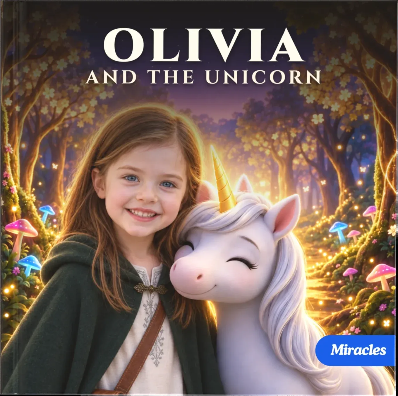 The cover of “Olivia and the Unicorn”: a smiling girl in a green cloak hugs a white unicorn in a glowing forest