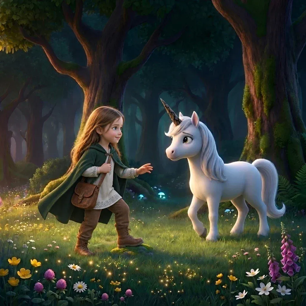Inside the book: Olivia meets the white unicorn in a meadow at the edge of the forest