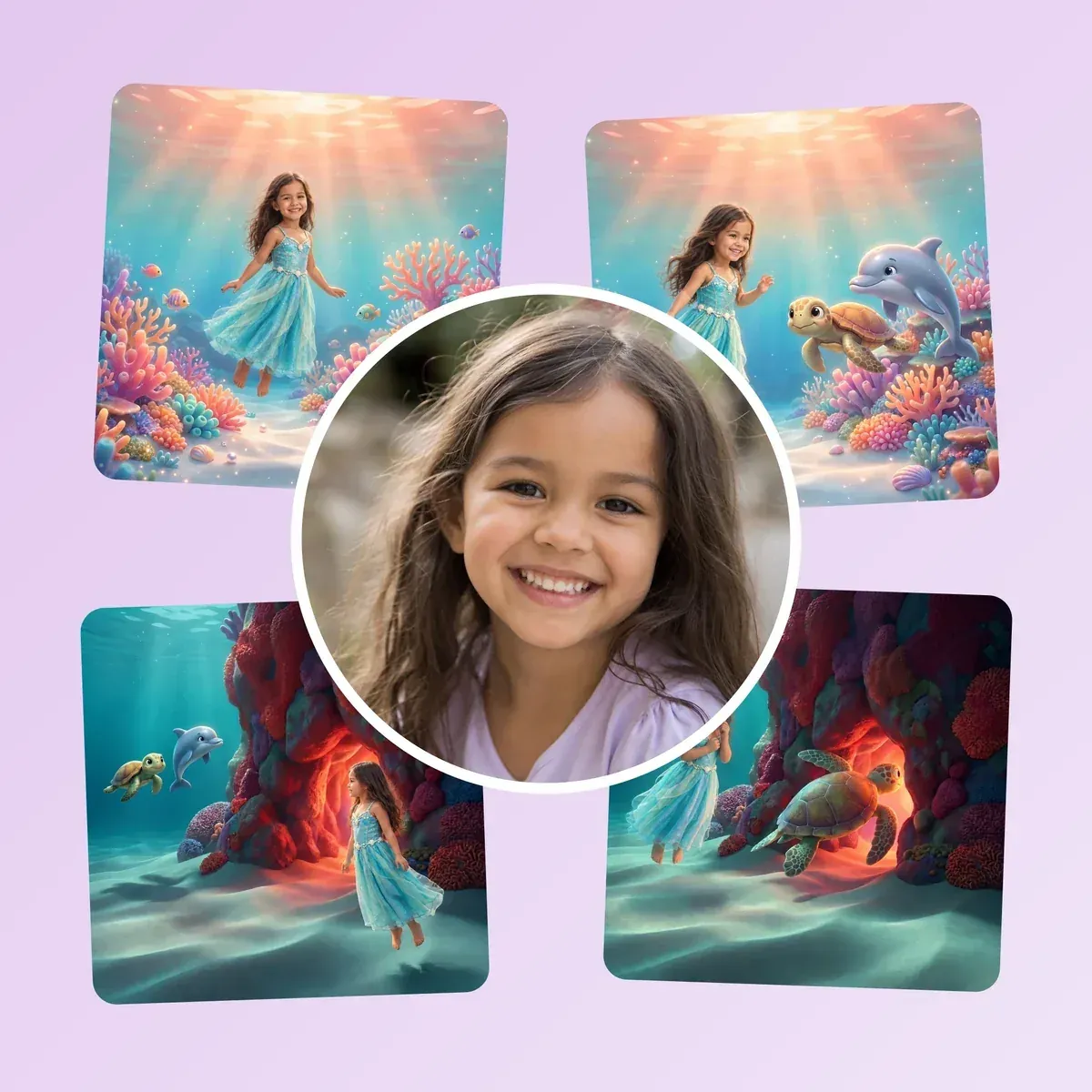 One photo of a smiling girl in the middle, surrounded by four scenes from the book where she swims through the coral reef