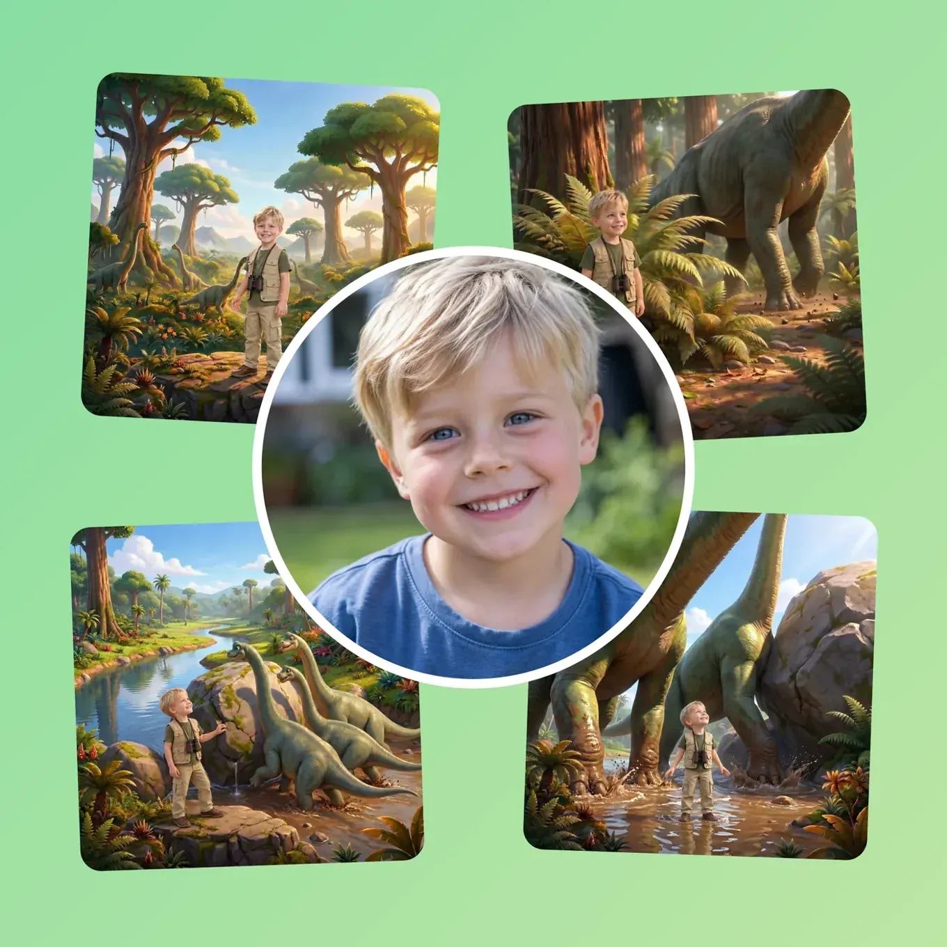 His photo in the middle, and around it four scenes from the book where he explores the dinosaur valley