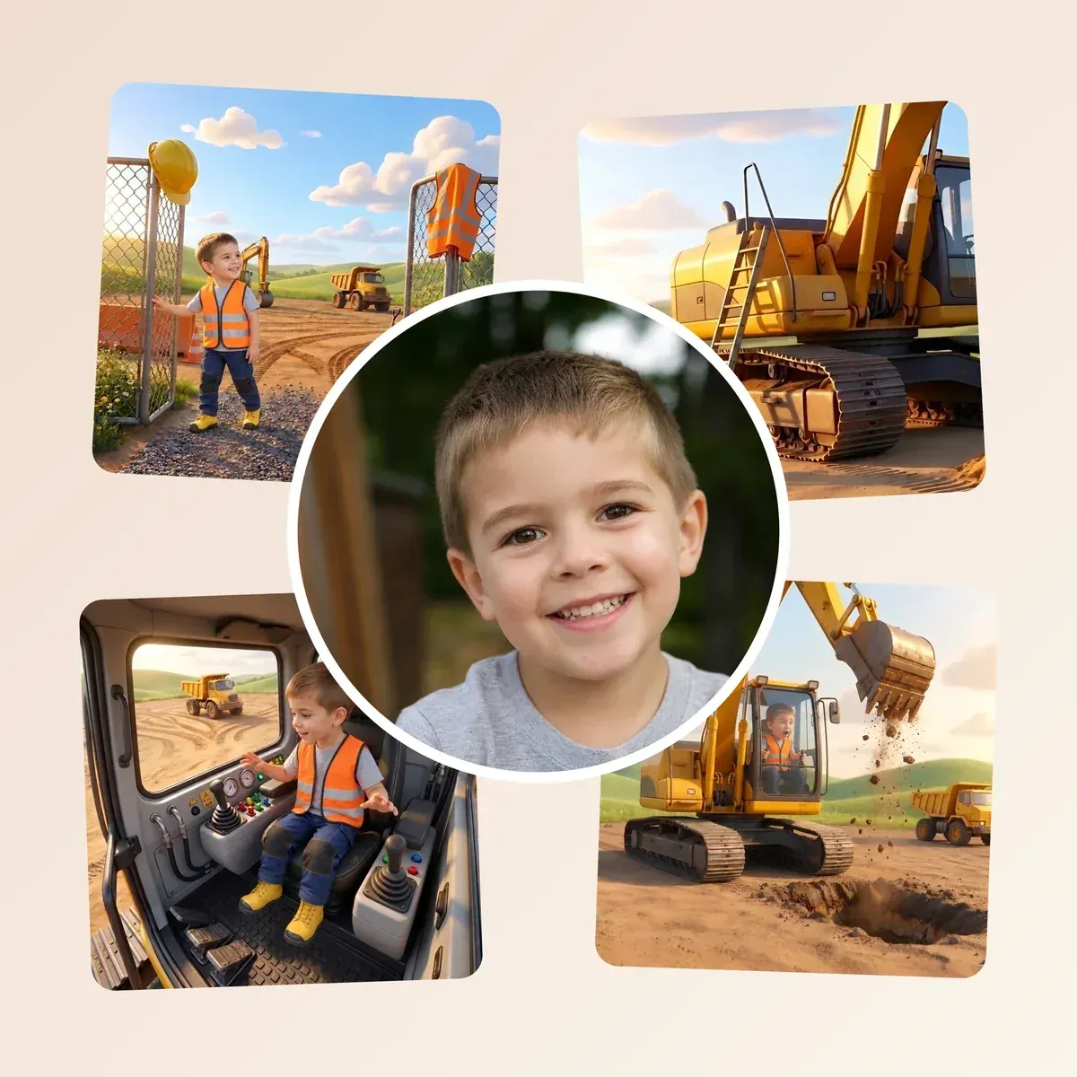 One photo of the boy in the middle, surrounded by four scenes from the book where he works on the construction site