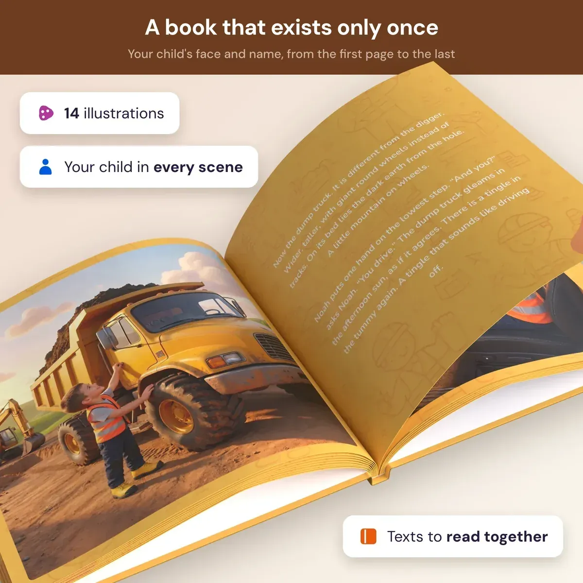 The open book: a two-page spread of the boy on the construction site, with text to read together