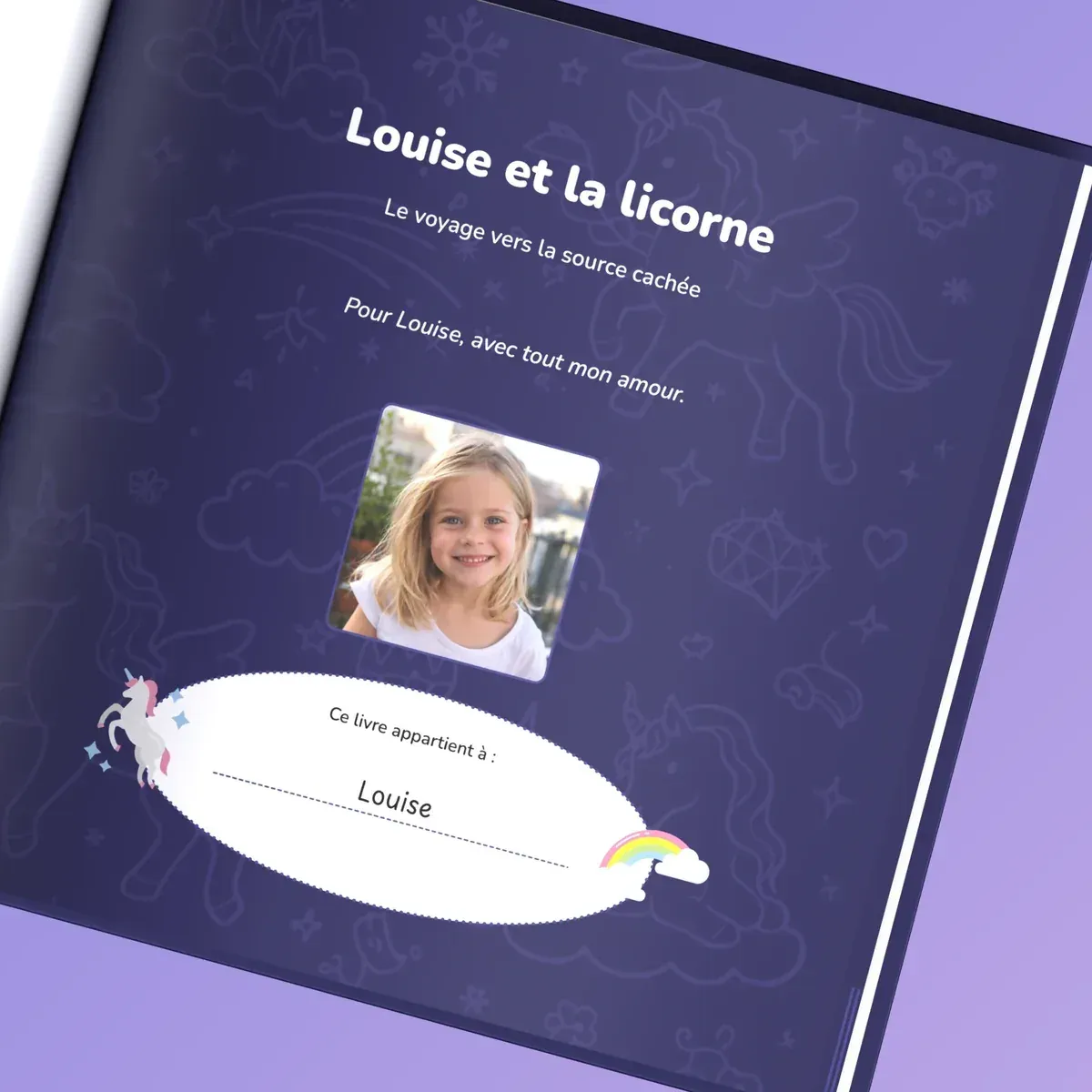 La première page du livre : la dédicace personnelle au-dessus de la photo de l’enfant