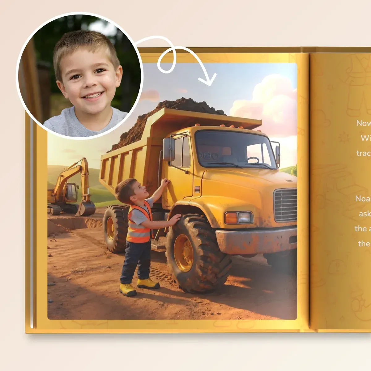 From photo to page: the boy stands beside a giant dump truck on the construction site in his book