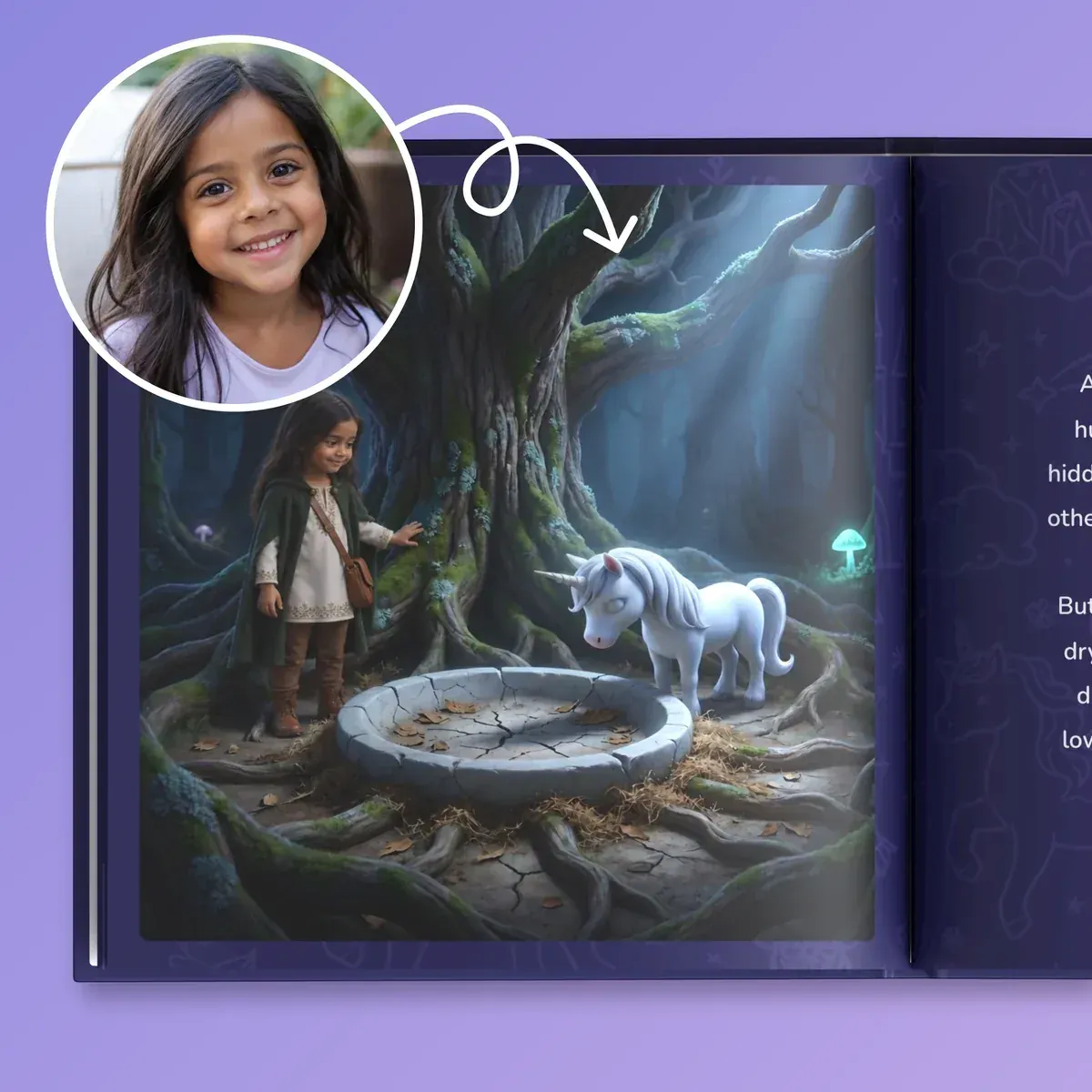 From photo to page: the girl in a green cloak finds the unicorn by a hidden spring deep in the dark forest