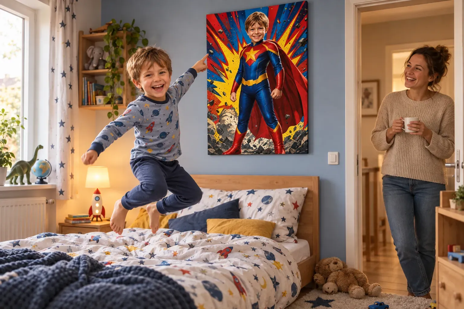 Ein Junge im Schlafanzug springt auf seinem Bett und zeigt auf die Leinwand darüber, die ihn selbst als Comic-Superheld zeigt, seine Mutter lacht in der Tür