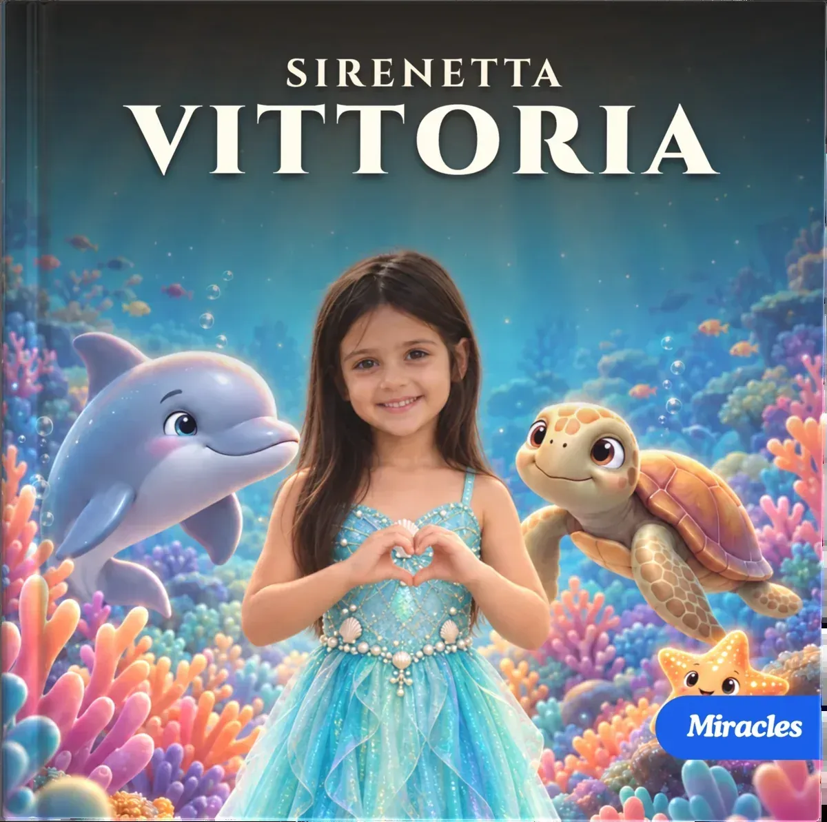 La copertina di «Sirenetta Vittoria»: una bambina sorridente in abito turchese tra i coralli, con un delfino e una tartaruga marina