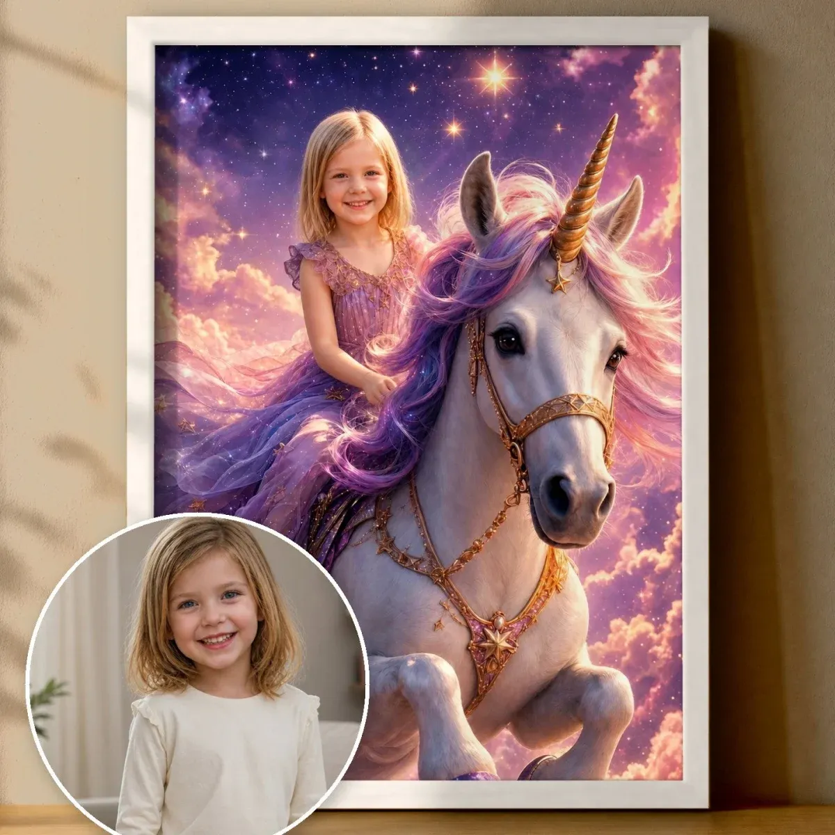 Aus dem Foto eines Mädchens wird das Poster Ritt auf dem Sternen-Einhorn, auf dem sie selbst auf dem Einhorn durch die Sterne reitet