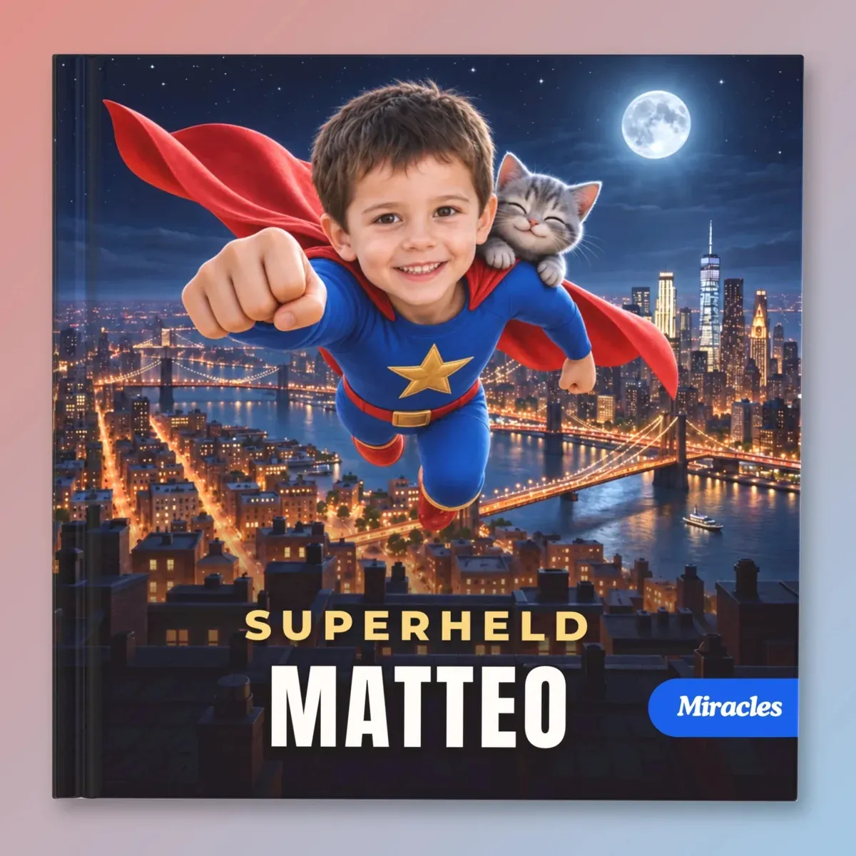 Das Cover von „Superheld Matteo“: Matteo fliegt im blauen Superhelden-Anzug mit rotem Umhang nachts über die Stadt, ein Kätzchen auf der Schulter