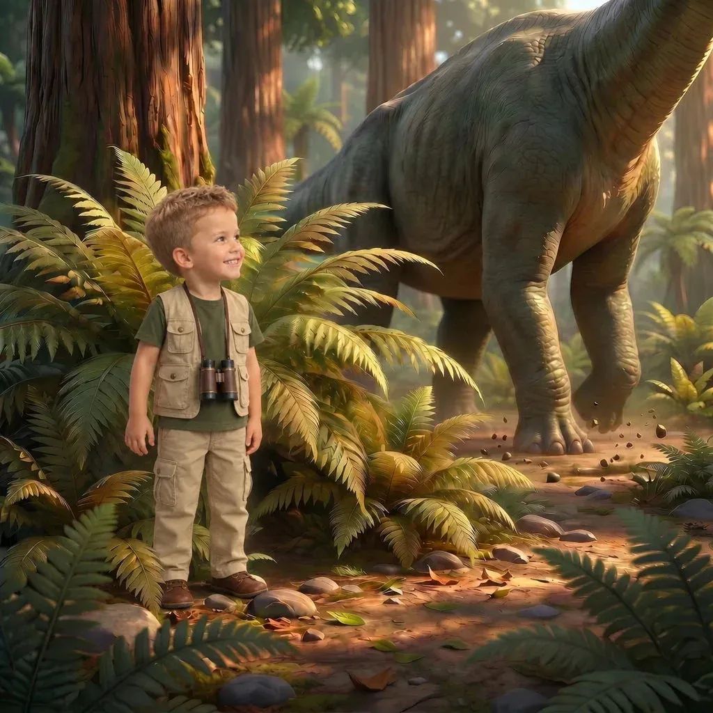 Seite aus dem Dino-Abenteuer: der Junge neben einem großen Dinosaurier