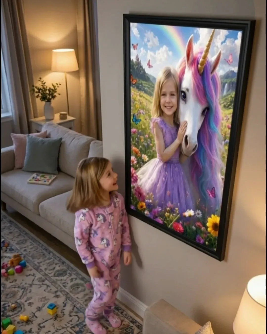 Ein kleines Mädchen im Einhorn-Schlafanzug steht im Wohnzimmer und schaut zu ihrem Poster Einhorn am Regenbogen hoch, auf dem sie selbst das Einhorn umarmt