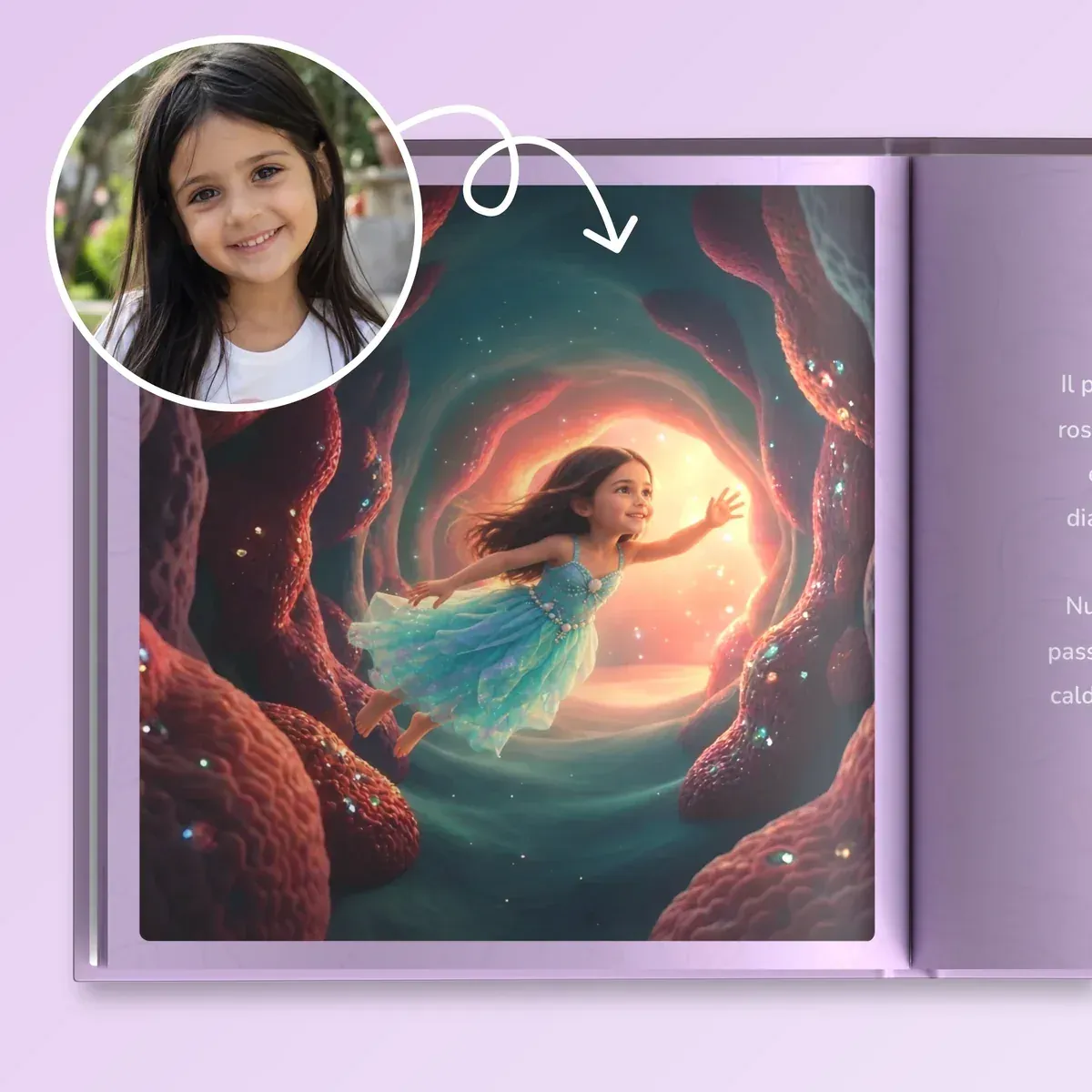 Dalla foto alla pagina: la bambina nuota verso una grotta di corallo luminosa nel suo libro della sirena