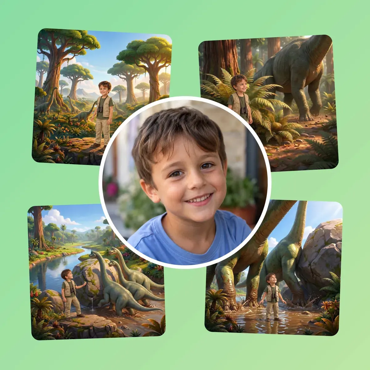 Al centro la foto di un bambino sorridente, intorno quattro scene del libro in cui esplora la valle dei dinosauri