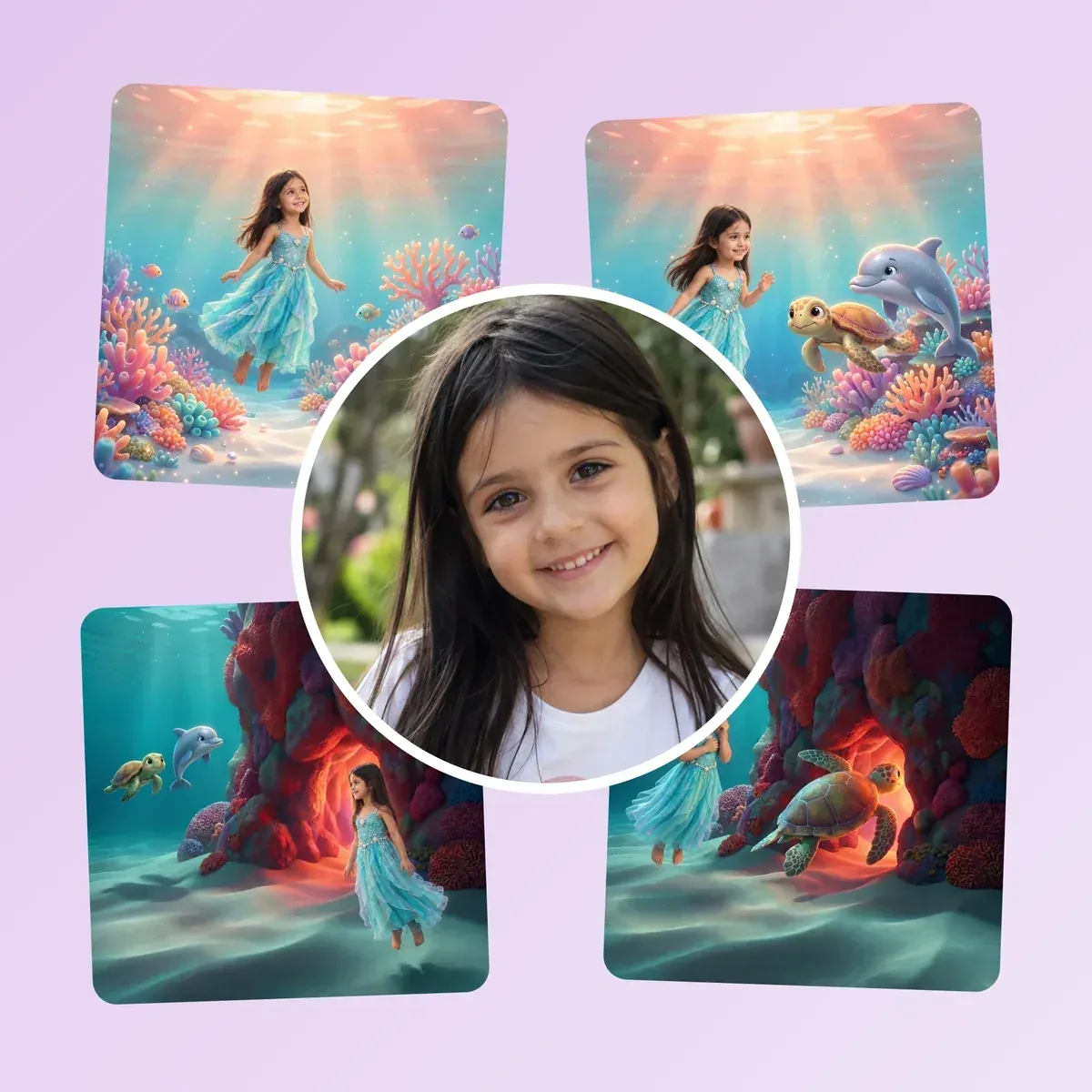 Al centro la foto di una bambina sorridente, e intorno quattro scene de La sirena in cui compare con il suo vero viso