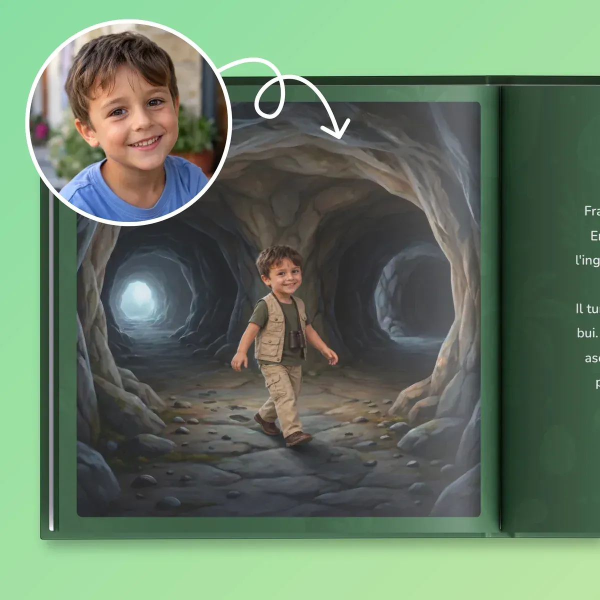 La foto di un bambino e, nel libro aperto, lo stesso bambino diventato il protagonista che entra nella grotta buia